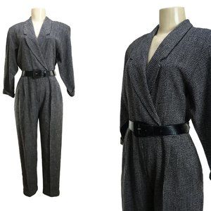Vintage 1980s Jumpsuit Joan Walters | Size S/M | Black Gray Tweed Deep V Neck